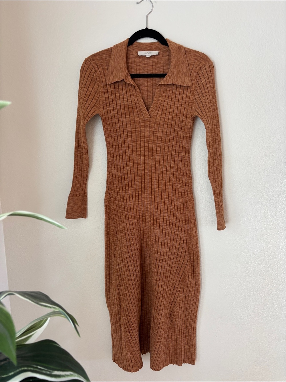 LOFT Ribbed Collared Knit Midi Dress in Rust - Picture 2 of 5
